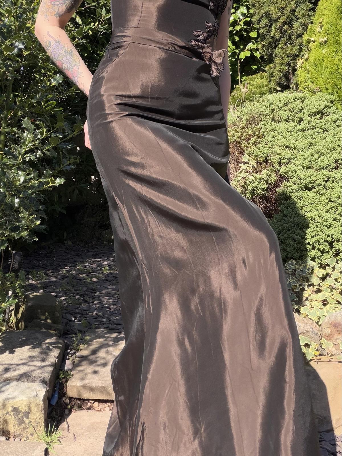 Vintage 1990s Prom Dress Strapless Brown Evening Gown with Floral Applique S 8