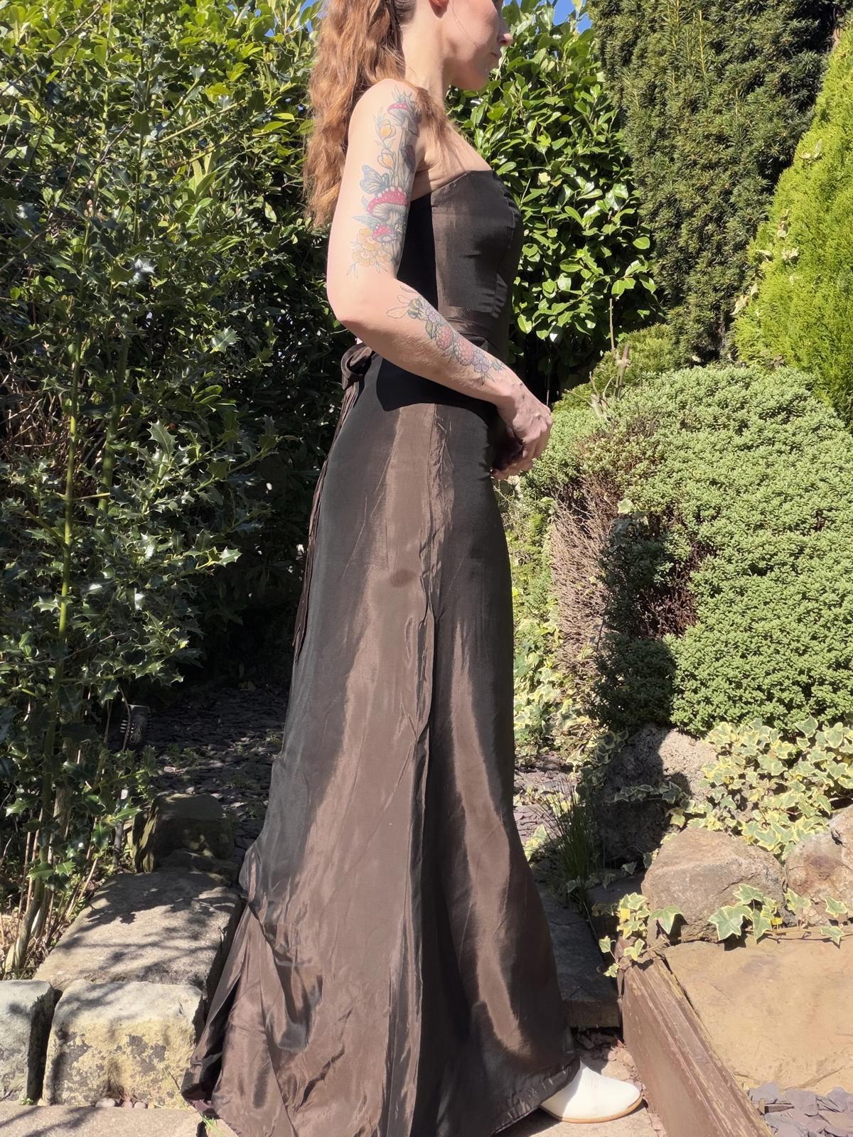 Vintage 1990s Prom Dress Strapless Brown Evening Gown with Floral Applique S 8
