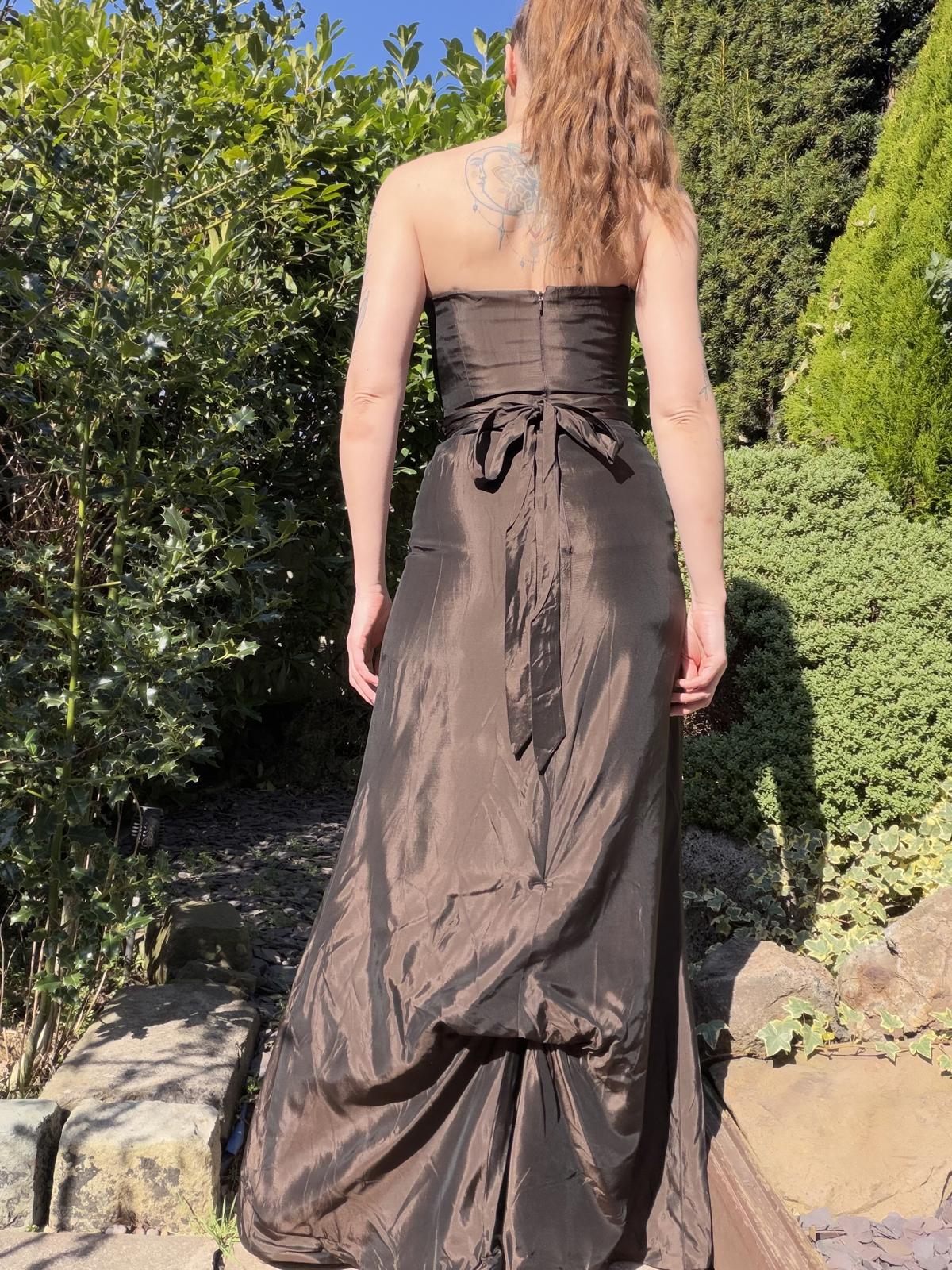 Vintage 1990s Prom Dress Strapless Brown Evening Gown with Floral Applique S 8