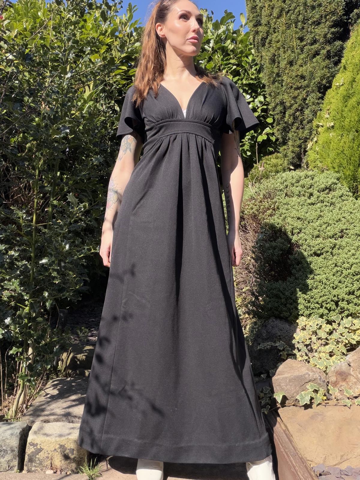 Vintage 1970s Maxi Dress Black with Flared Sleeves and Deep Plunge Neck Size 8