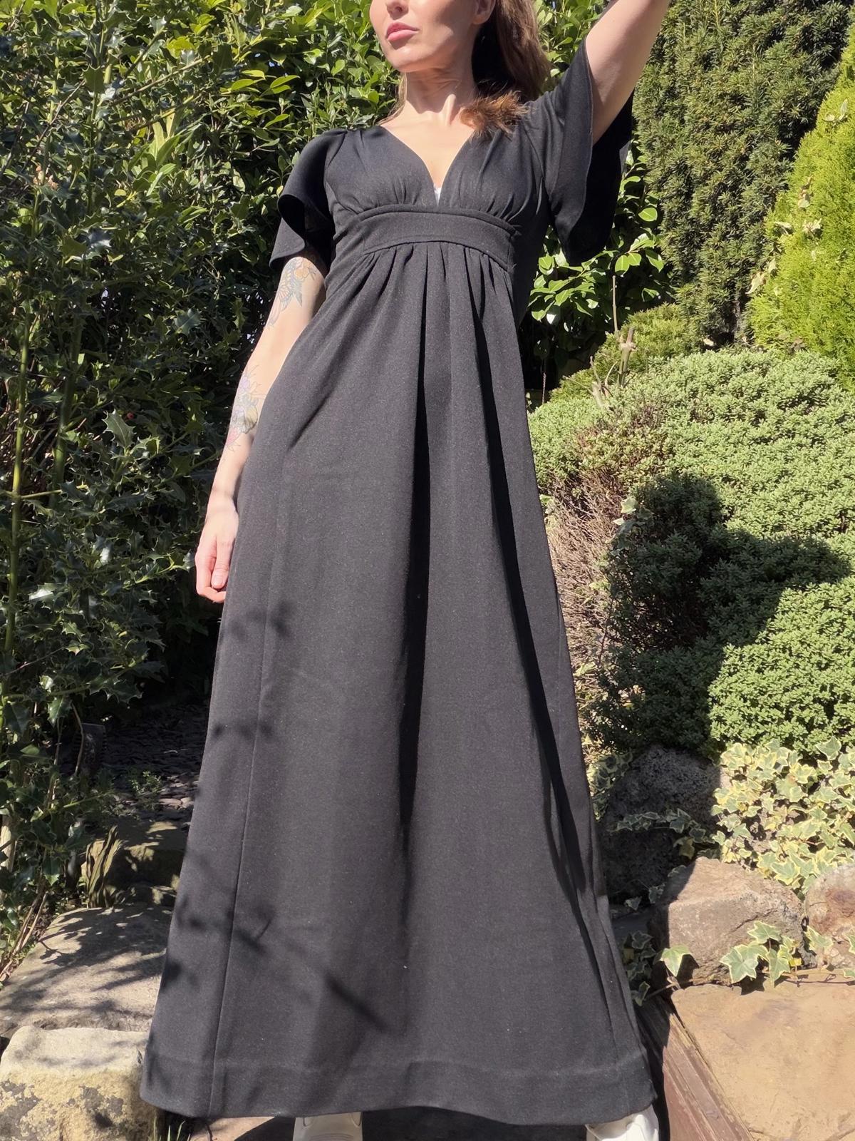 Vintage 1970s Maxi Dress Black with Flared Sleeves and Deep Plunge Neck Size 8