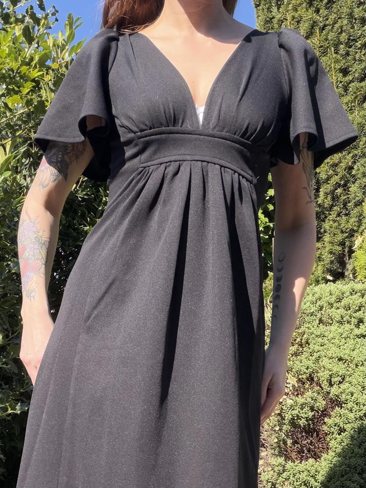 Vintage 1970s Maxi Dress Black with Flared Sleeves and Deep Plunge Neck Size 8