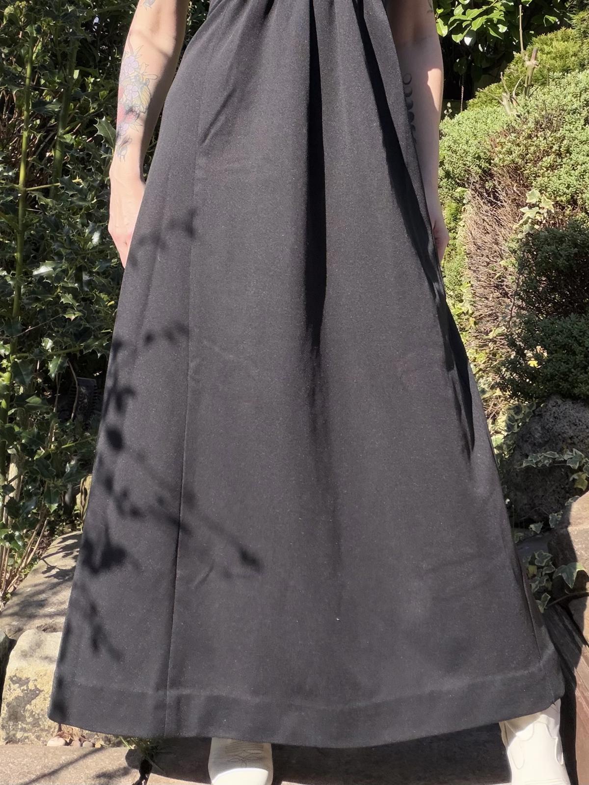 Vintage 1970s Maxi Dress Black with Flared Sleeves and Deep Plunge Neck Size 8