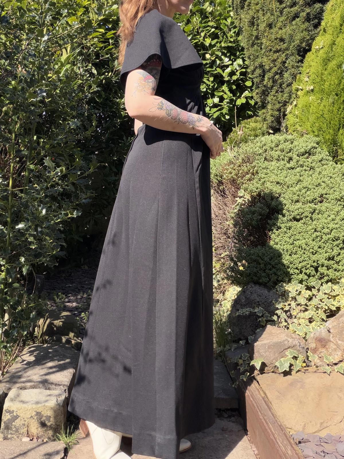 Vintage 1970s Maxi Dress Black with Flared Sleeves and Deep Plunge Neck Size 8
