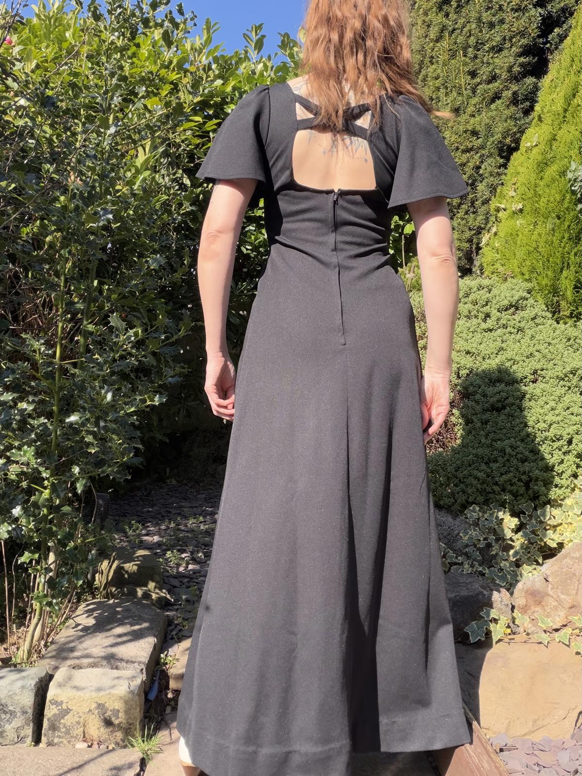 Vintage 1970s Maxi Dress Black with Flared Sleeves and Deep Plunge Neck Size 8