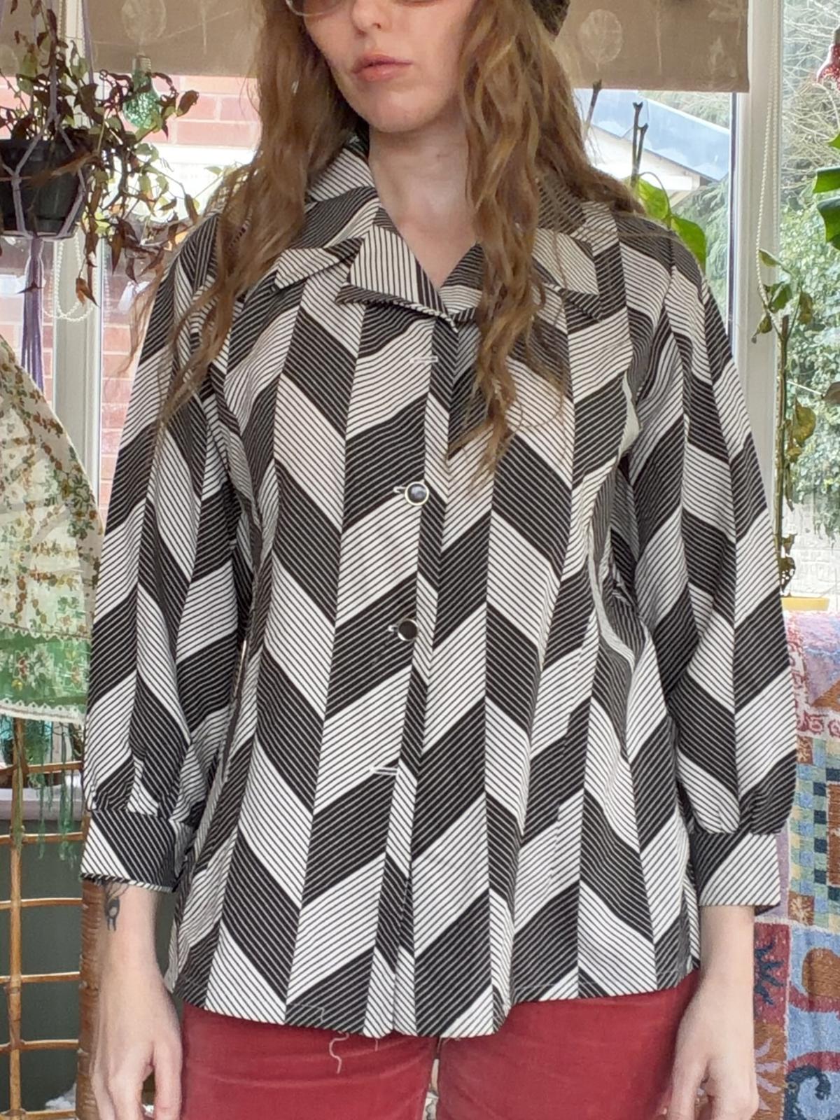 Vintage 1980s Abstract Shirt Retro Long Sleeve Blouse Black White Striped 16
