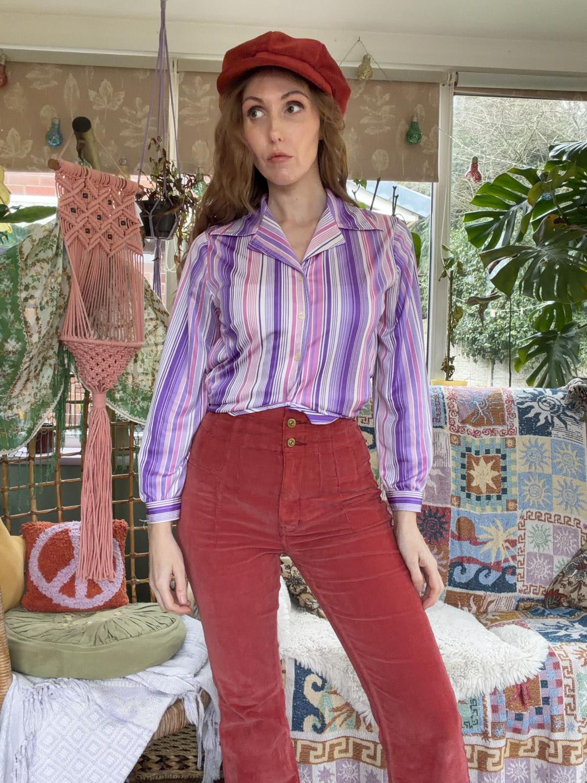 vintage striped shirt Size 12 14 Striped retro blouse 70s 80s Pink Purple