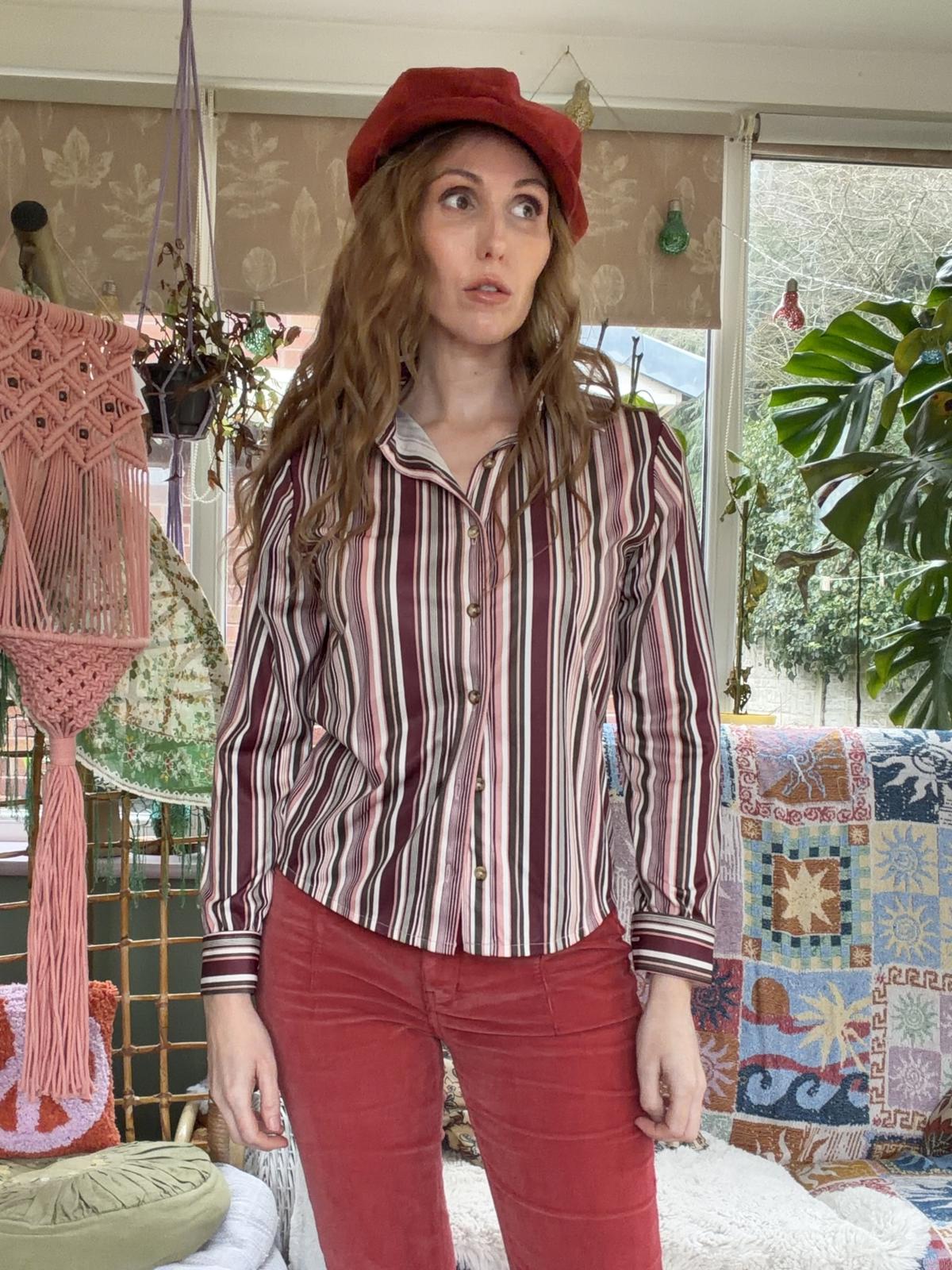 vintage striped shirt Size 10 12 Striped retro blouse by Areacode Pink Purple