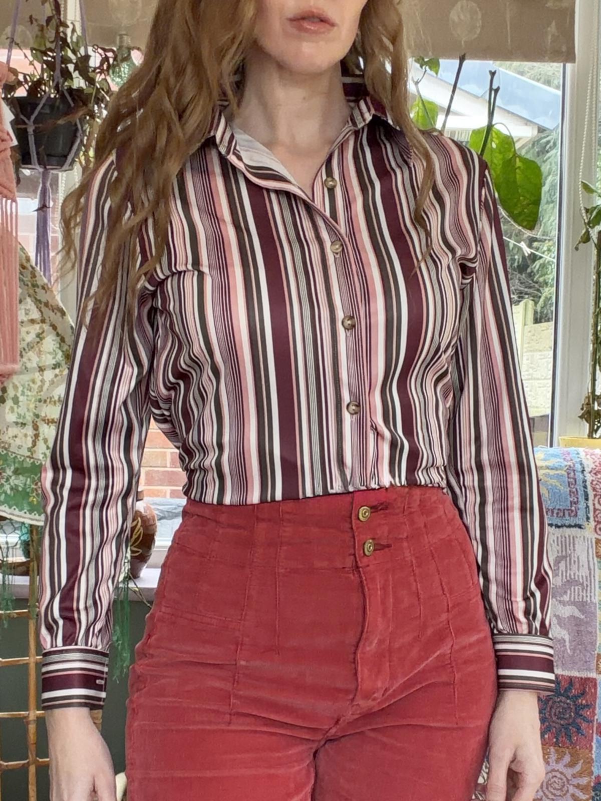 vintage striped shirt Size 10 12 Striped retro blouse by Areacode Pink Purple