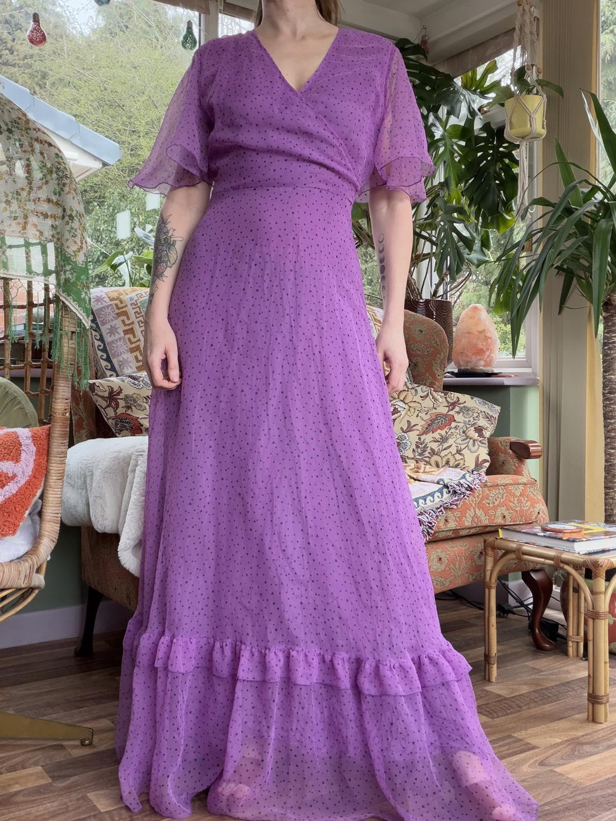 Vintage 1990s Maxi Dress with Ruffle Hem and Polka Dot Detail Purple Size 10