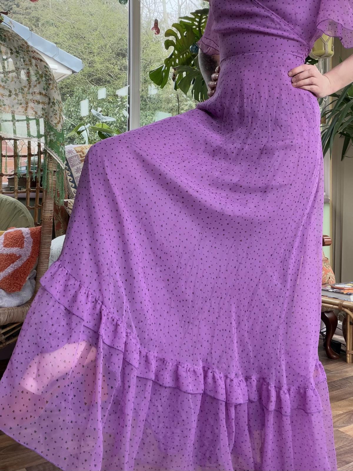 Vintage 1990s Maxi Dress with Ruffle Hem and Polka Dot Detail Purple Size 10