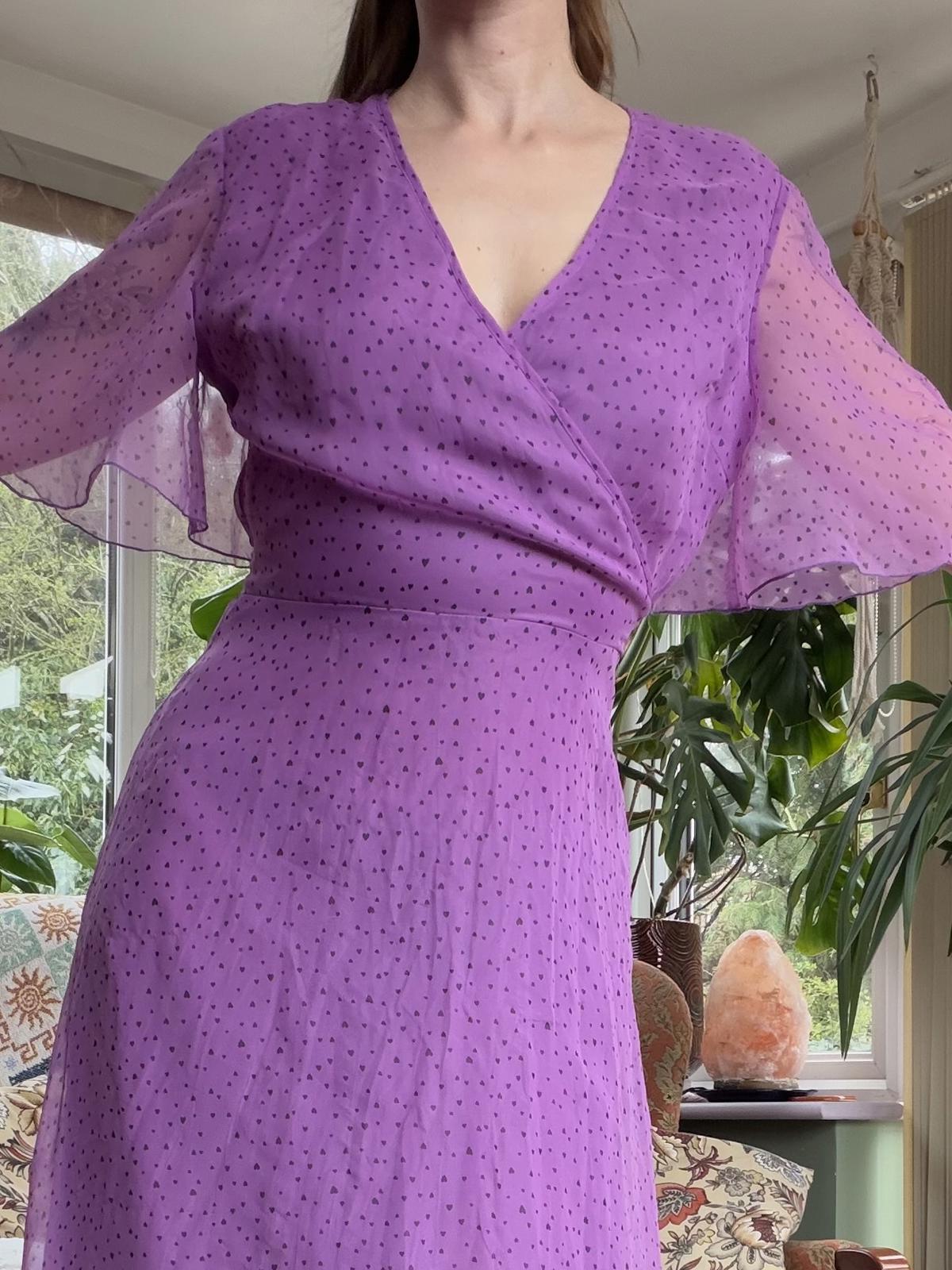 Vintage 1990s Maxi Dress with Ruffle Hem and Polka Dot Detail Purple Size 10