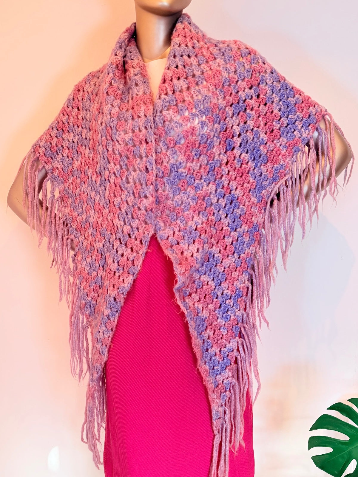 Handmade Crochet Knit Shawl Pink and Purple Scarf Wrap with Fringe Detailing