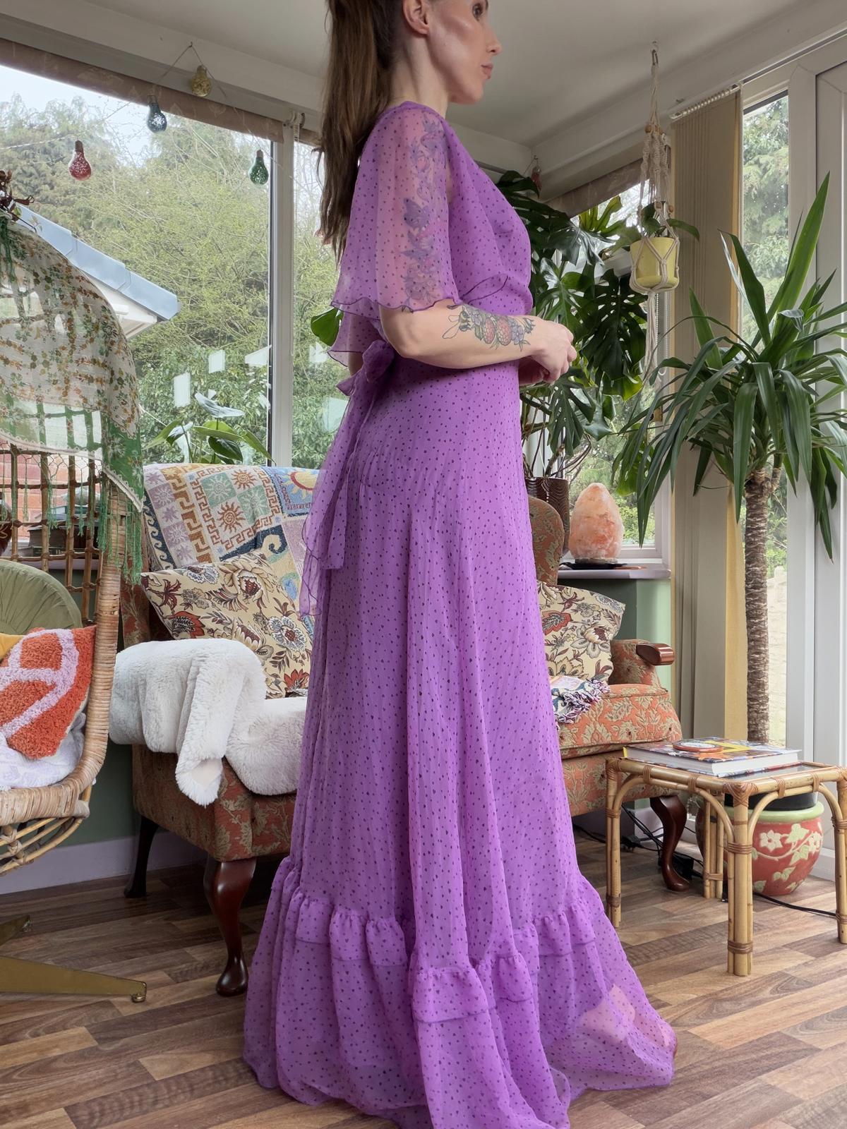 Vintage 1990s Maxi Dress with Ruffle Hem and Polka Dot Detail Purple Size 10
