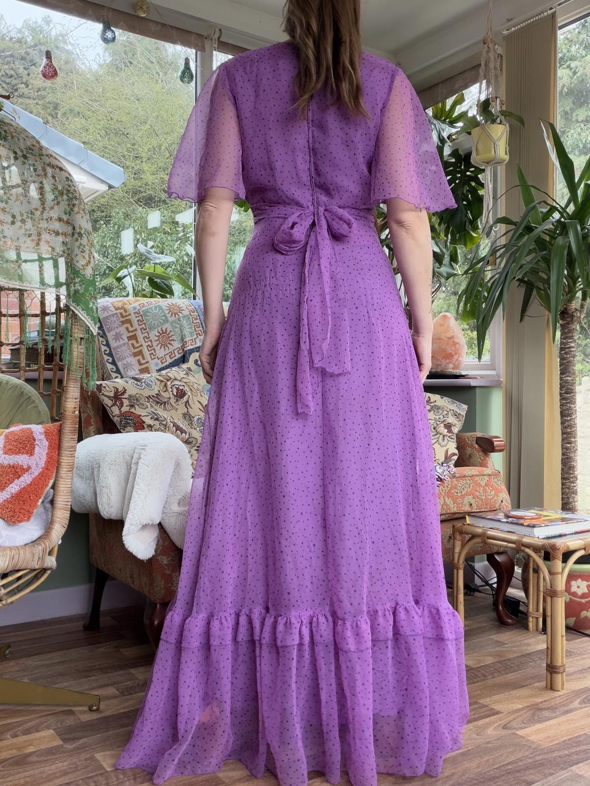 Vintage 1990s Maxi Dress with Ruffle Hem and Polka Dot Detail Purple Size 10