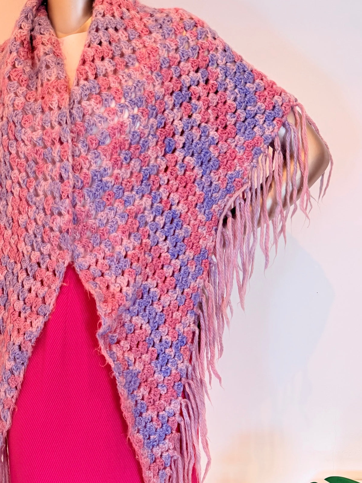 Handmade Crochet Knit Shawl Pink and Purple Scarf Wrap with Fringe Detailing
