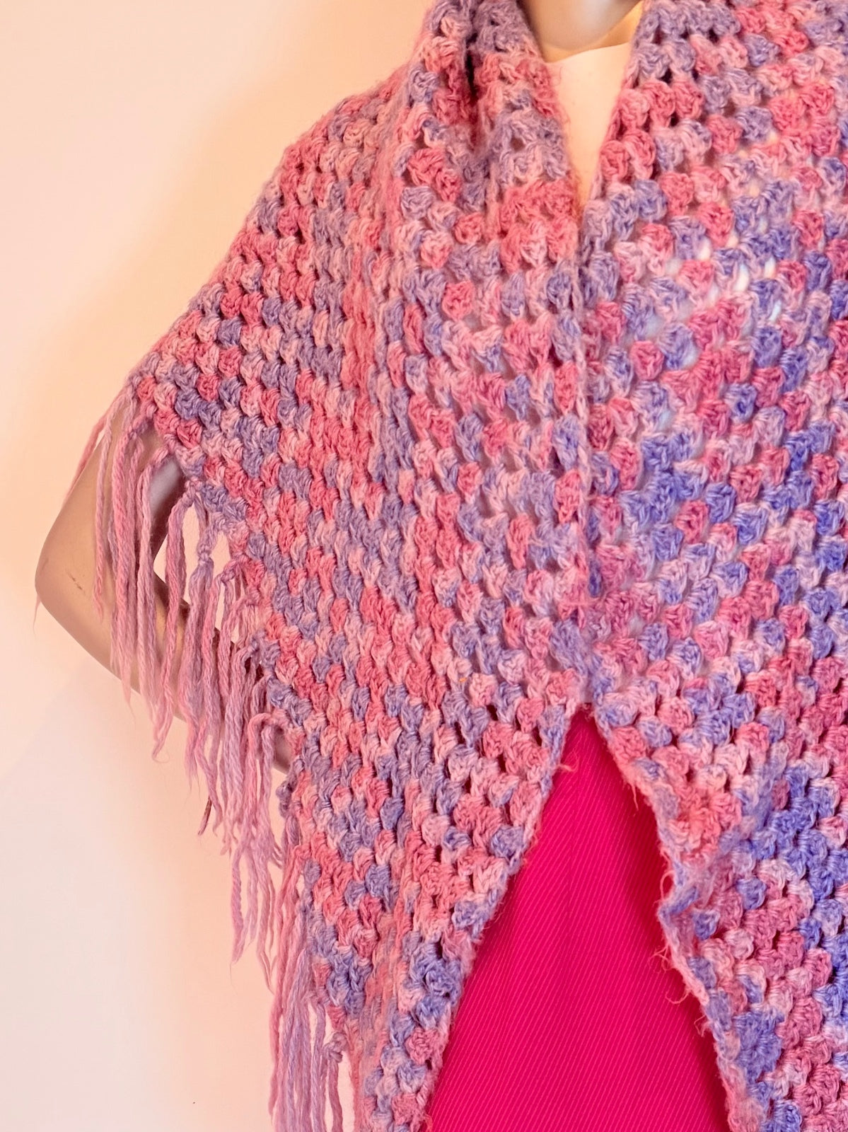 Handmade Crochet Knit Shawl Pink and Purple Scarf Wrap with Fringe Detailing
