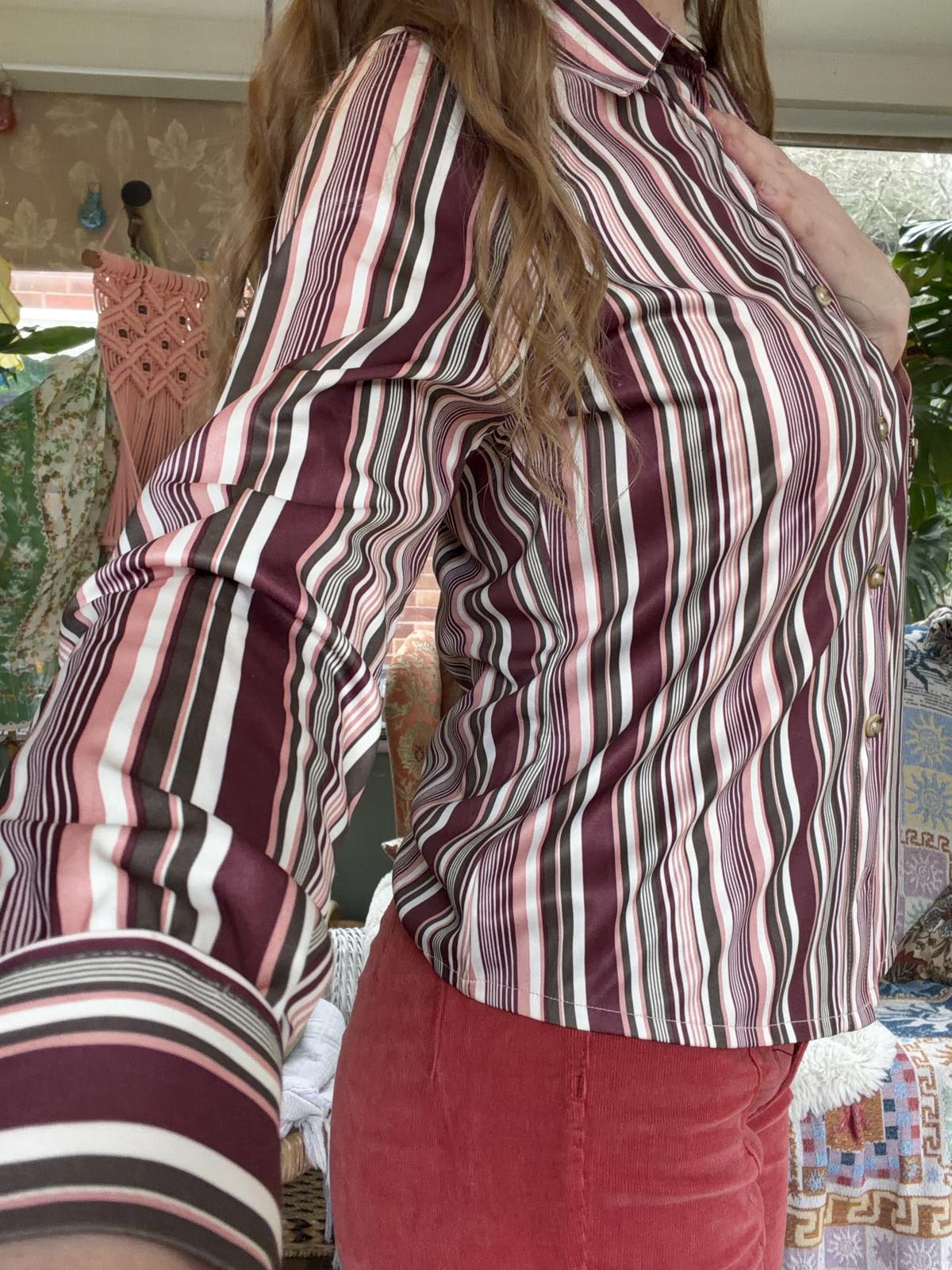 vintage striped shirt Size 10 12 Striped retro blouse by Areacode Pink Purple