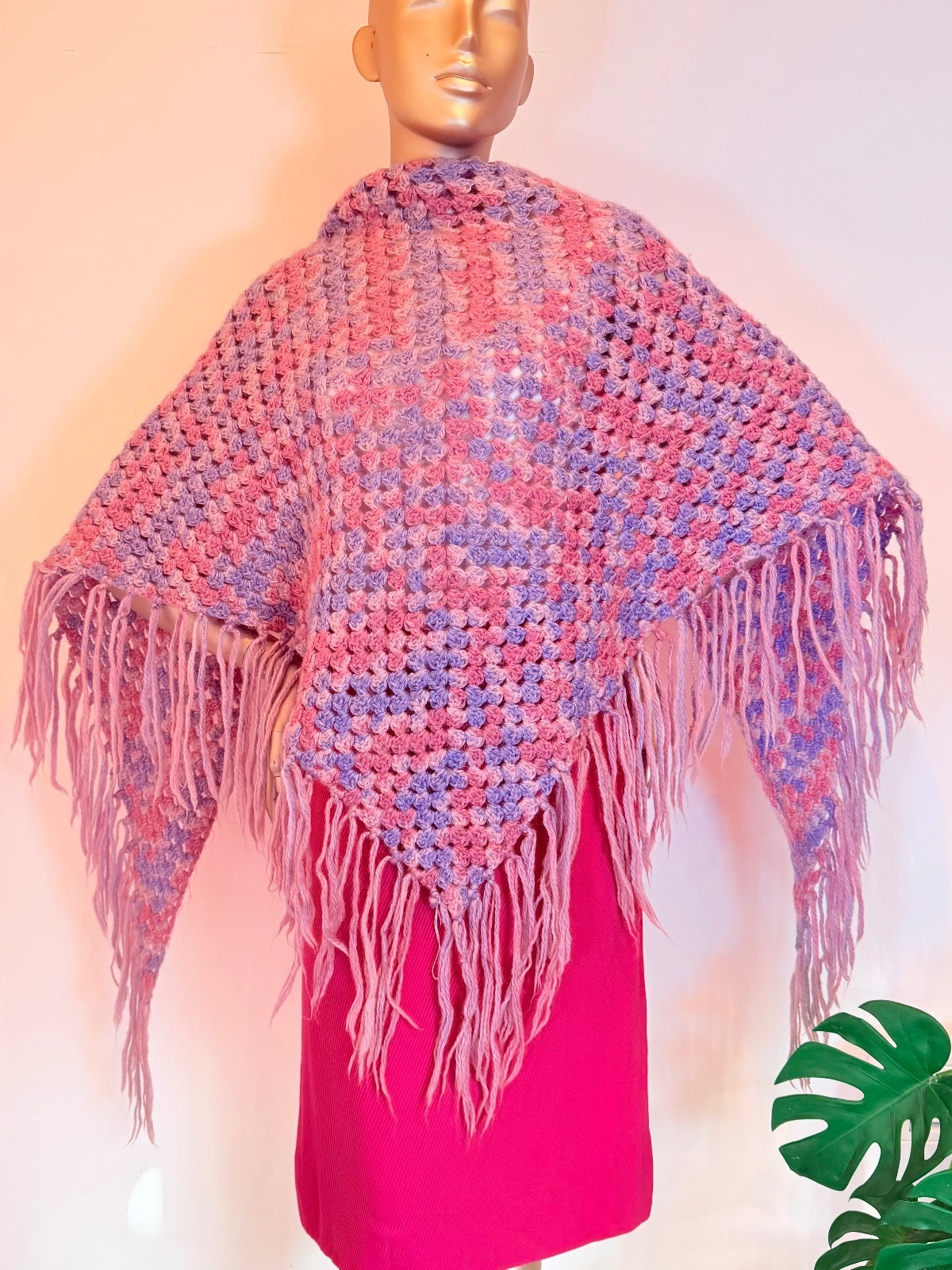 Handmade Crochet Knit Shawl Pink and Purple Scarf Wrap with Fringe Detailing