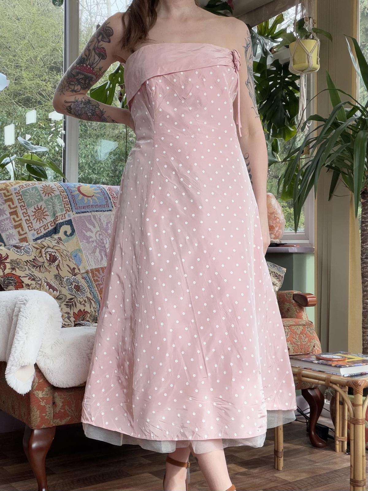 Vintage 1990s Party Dress Pink Retro Polka Dot Strapless Midi Dress Size 14