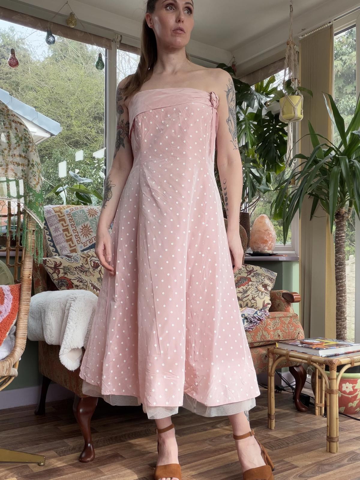 Vintage 1990s Party Dress Pink Retro Polka Dot Strapless Midi Dress Size 14