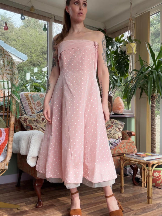 Vintage 1990s Party Dress Pink Retro Polka Dot Strapless Midi Dress Size 14