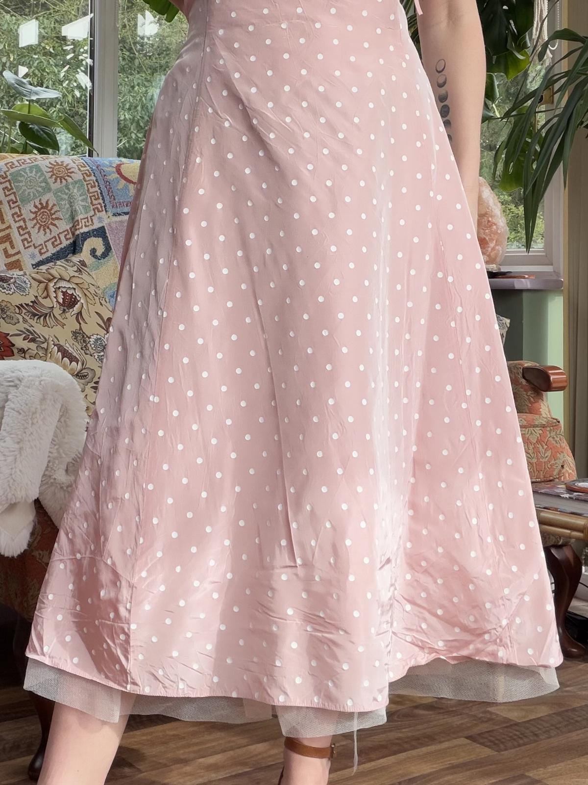 Vintage 1990s Party Dress Pink Retro Polka Dot Strapless Midi Dress Size 14