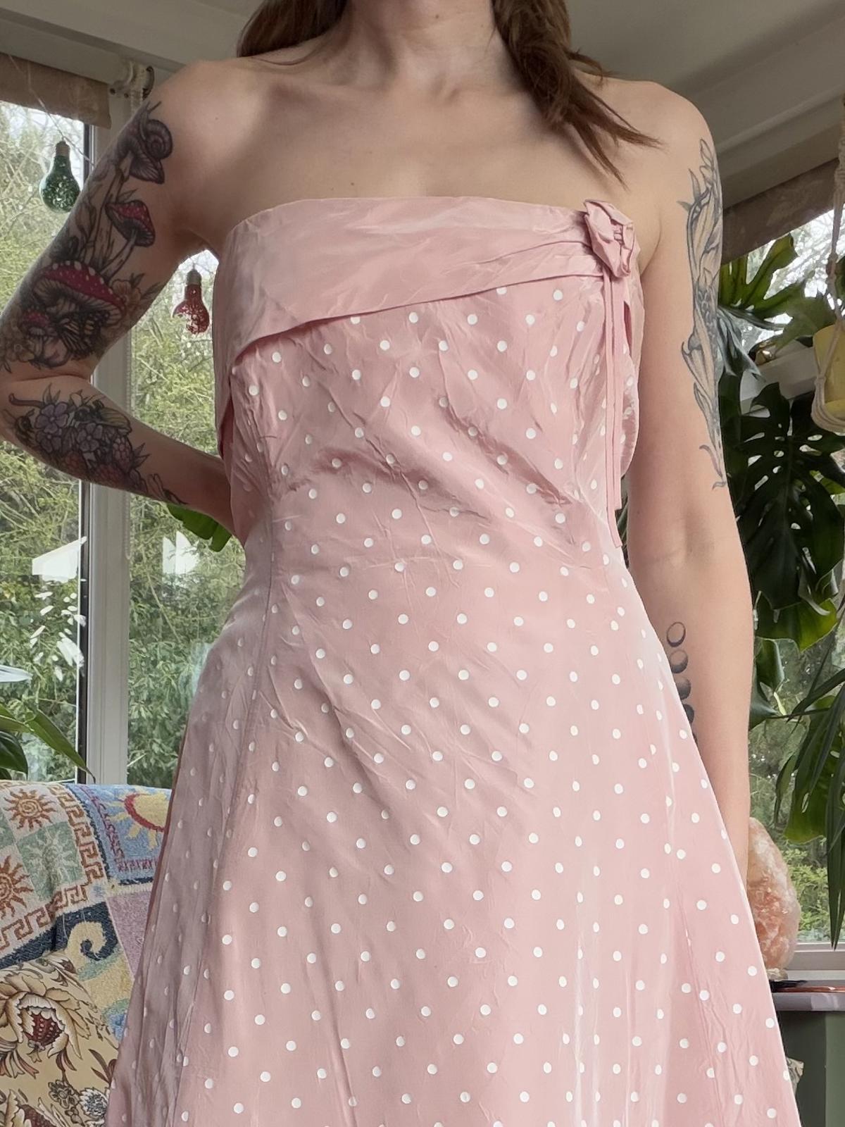 Vintage 1990s Party Dress Pink Retro Polka Dot Strapless Midi Dress Size 14