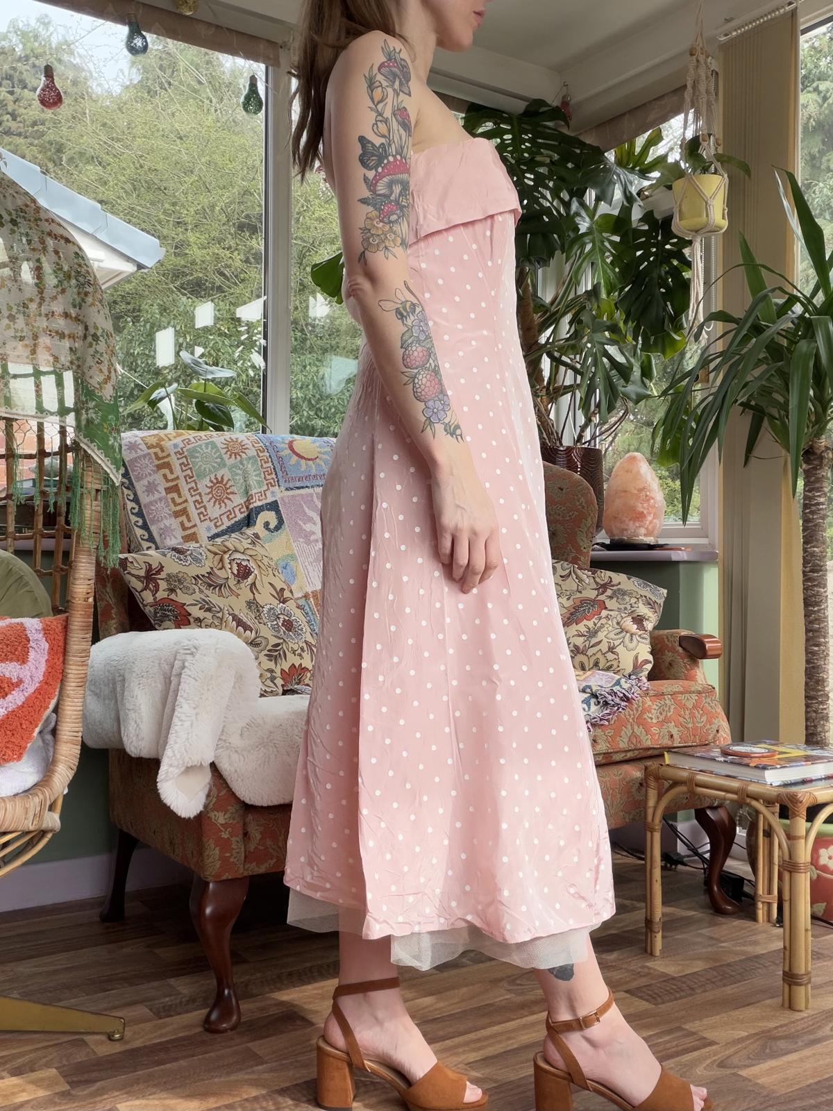 Vintage 1990s Party Dress Pink Retro Polka Dot Strapless Midi Dress Size 14