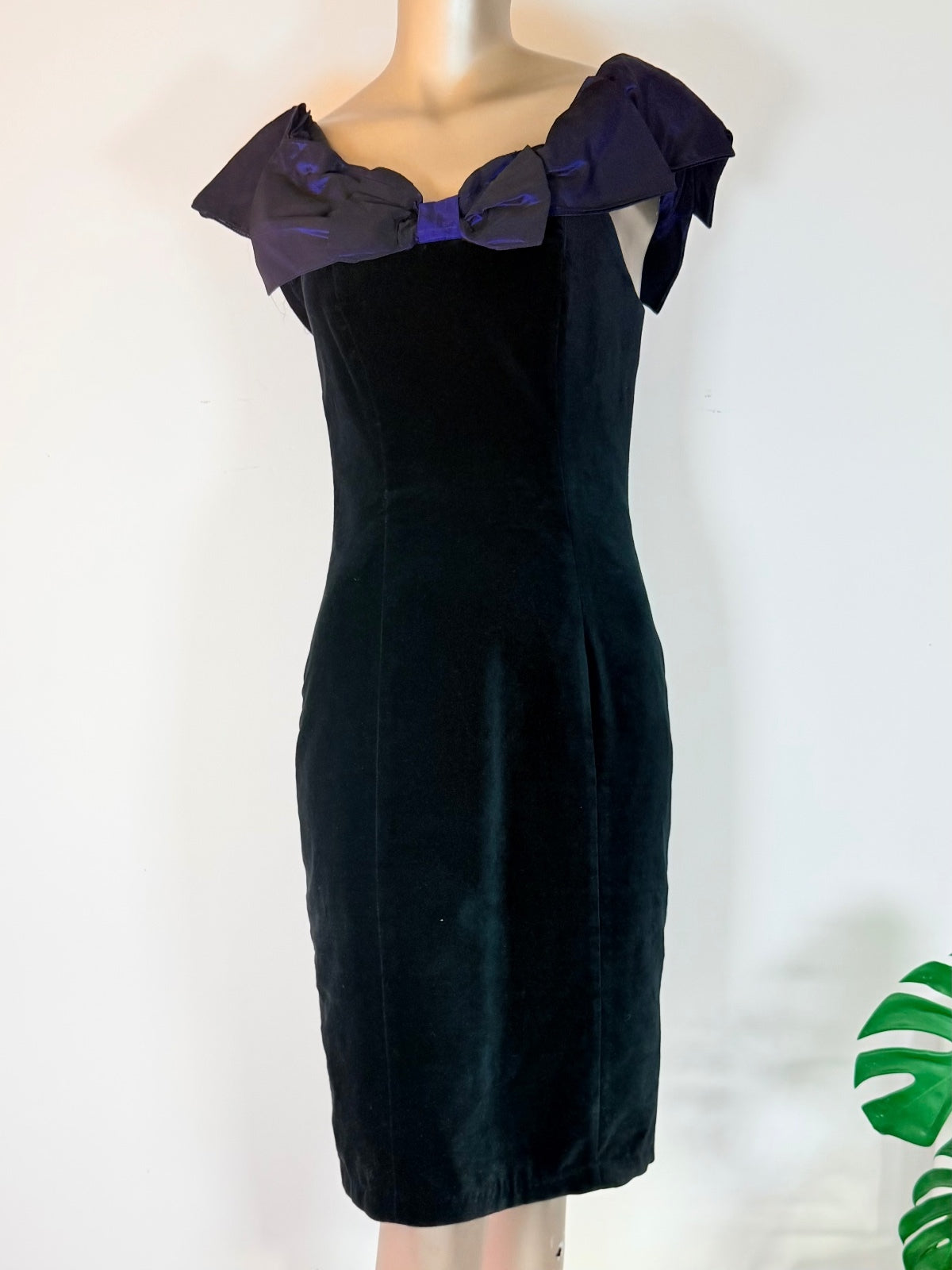 Vintage 1990s Cocktail Dress Black Velvet By Debut with Purple Bow Size 8