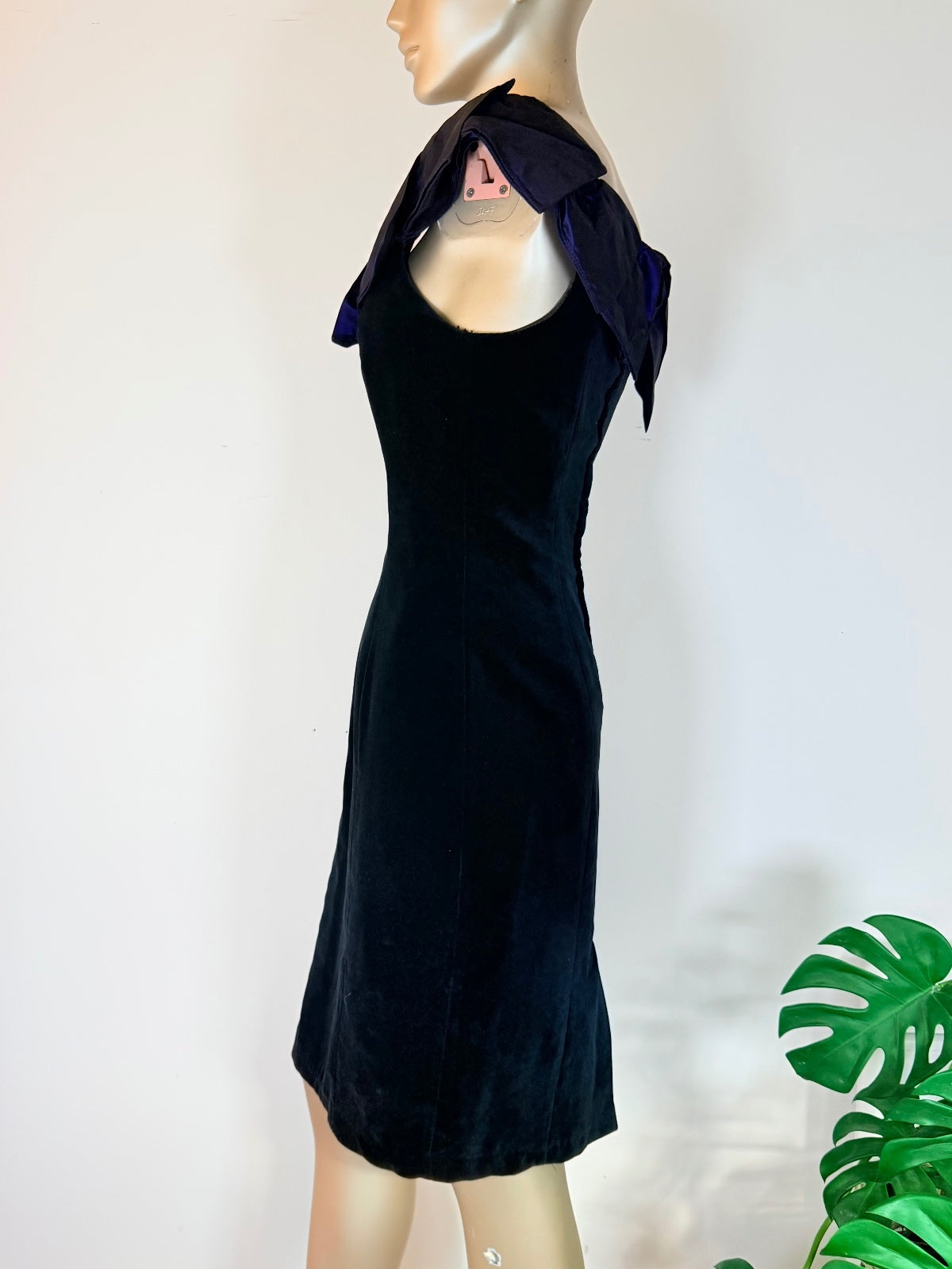 Vintage 1990s Cocktail Dress Black Velvet By Debut with Purple Bow Size 8