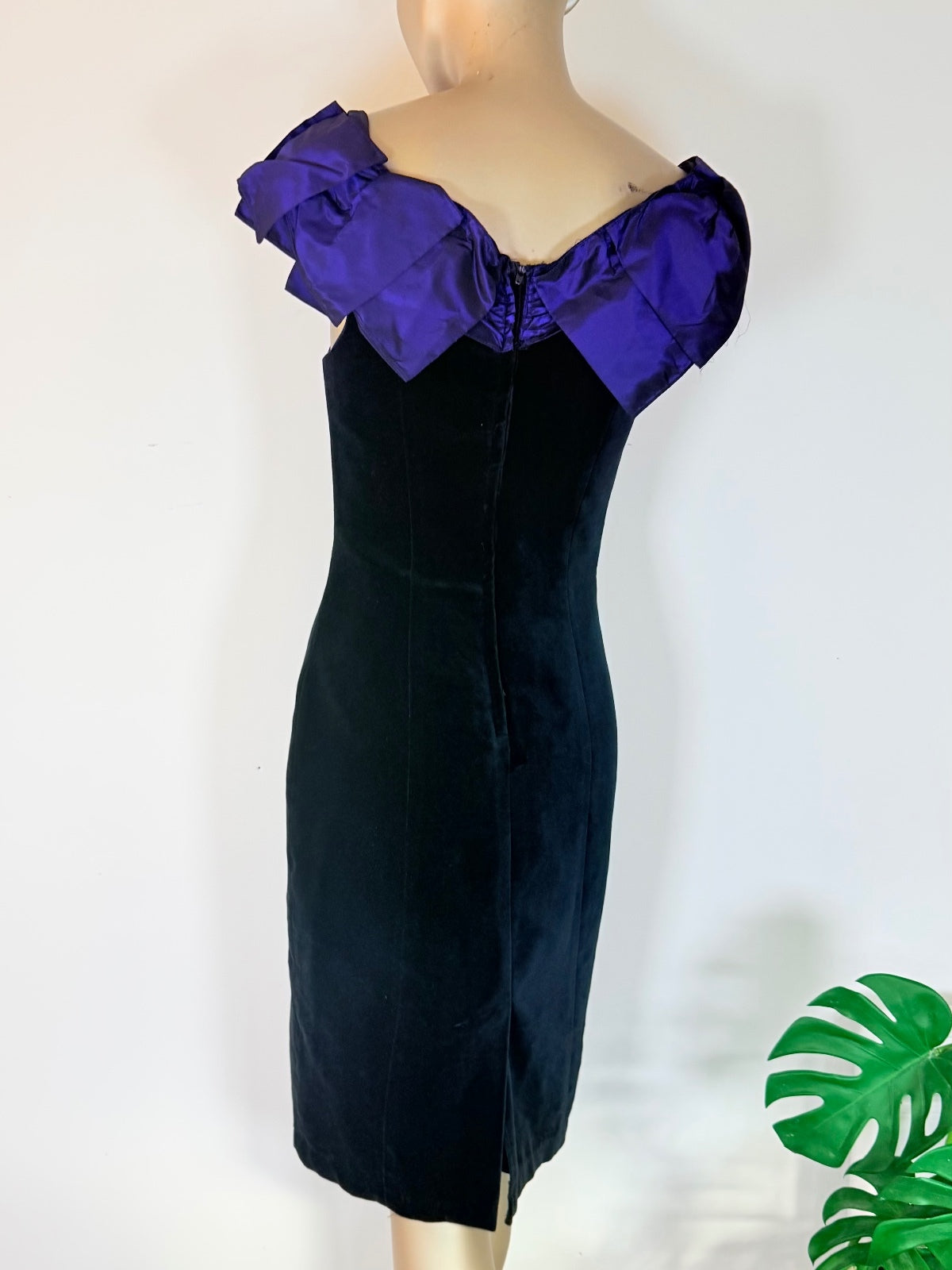 Vintage 1990s Cocktail Dress Black Velvet By Debut with Purple Bow Size 8
