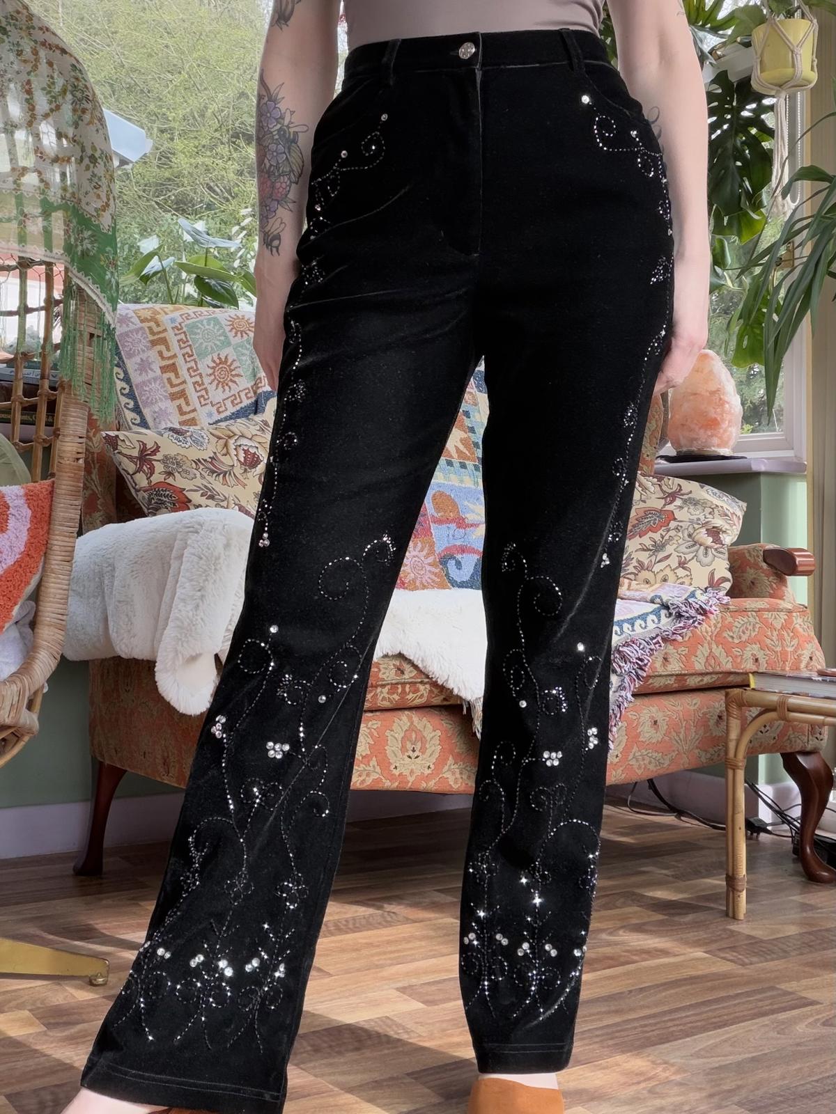 Whimsigoth Black Velvet Trousers with Sequin Embellishments Size 10 28/32