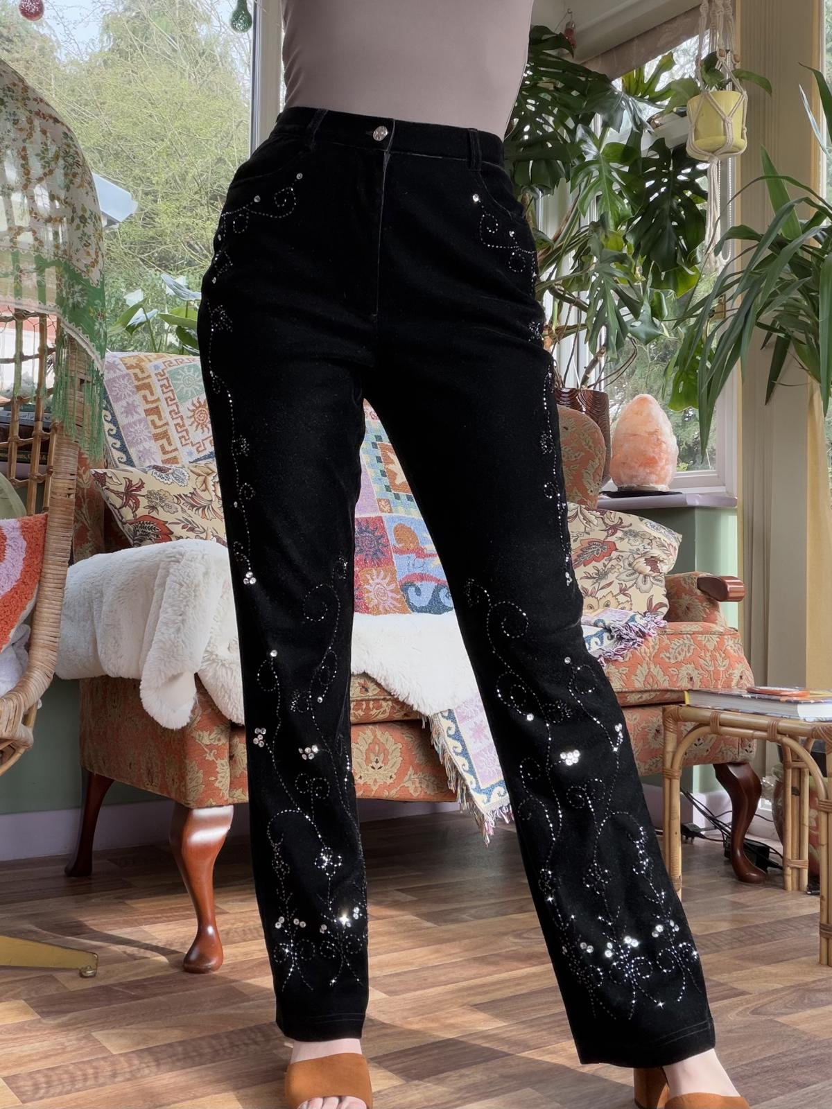 Whimsigoth Black Velvet Trousers with Sequin Embellishments Size 10 28/32