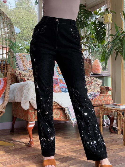 Whimsigoth Black Velvet Trousers with Sequin Embellishments Size 10 28/32