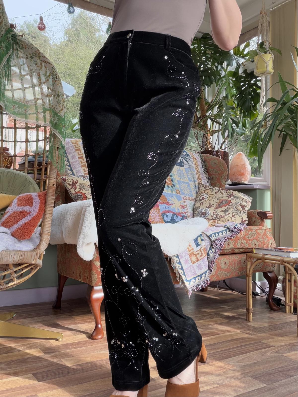 Whimsigoth Black Velvet Trousers with Sequin Embellishments Size 10 28/32