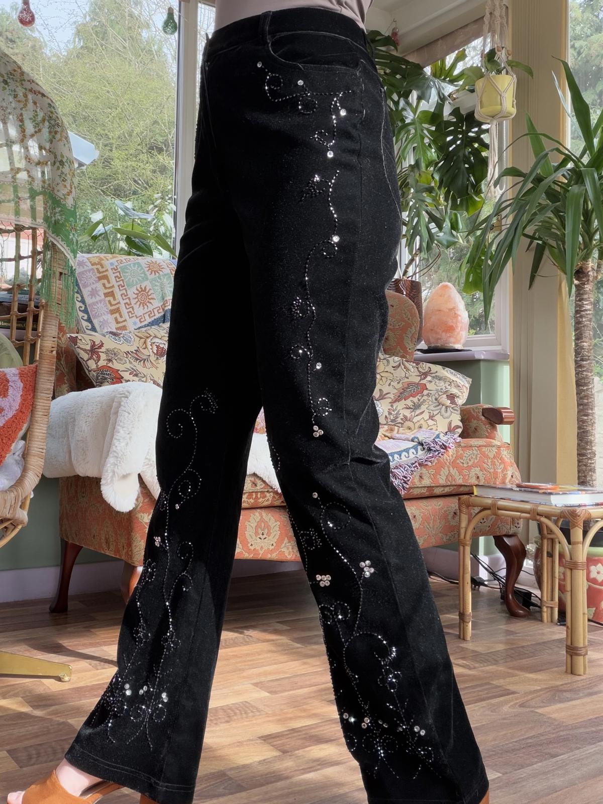 Whimsigoth Black Velvet Trousers with Sequin Embellishments Size 10 28/32