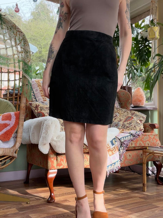 Vintage 1980s short Skirt Black Suede High waist Mini Skirt Size 12
