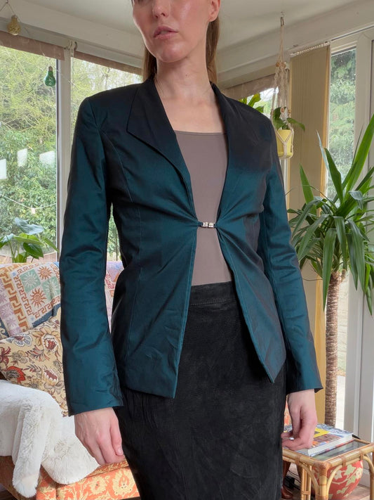 Vintage Y2k Blazer By BAY Size 8 Dark Green Fitted Blazer with Front Clasp