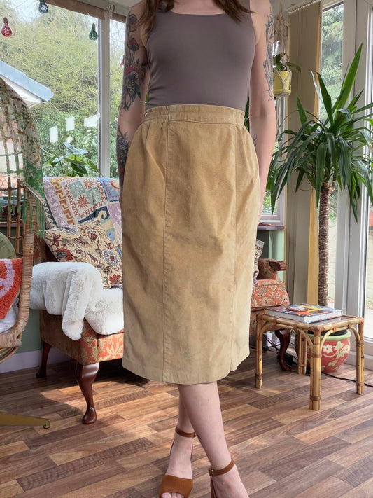 Vintage 1980s Suede Skirt Real Leather Tan Midi Skirt By Danier Size 12 to 14