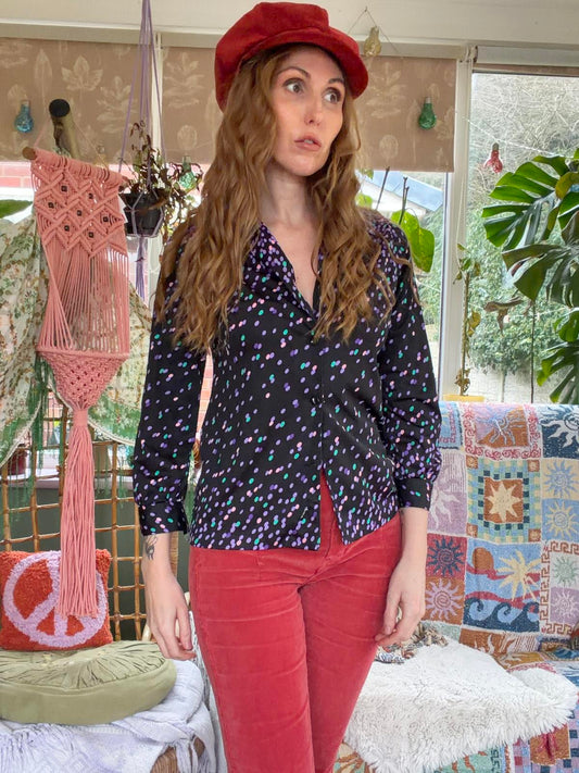 Vintage Blouse Bold Retro Print Collared Shirt Casual Or Formal Office Workwear