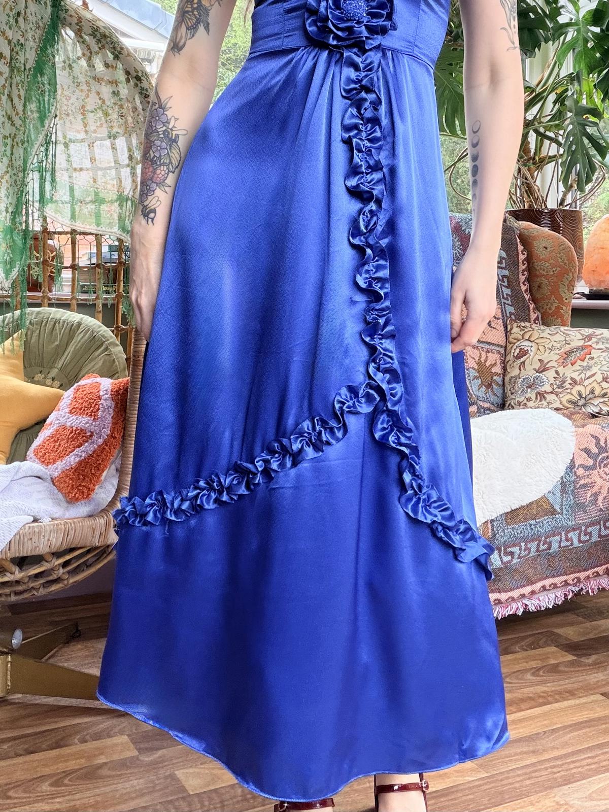 Blue Frilly Prom Dress Size 8 Maxi Cocktail Bridesmaids Dress with Ruffle Detail