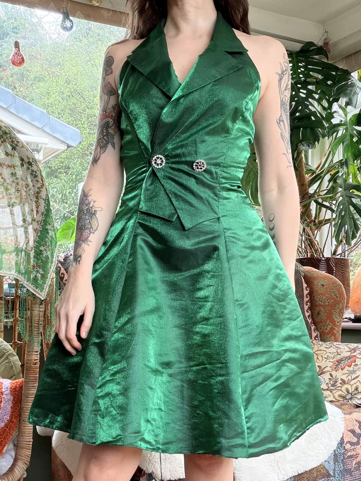 Vintage 1990s Party Dress By Yessica Size 10 Green Halter Neck Collar Dress