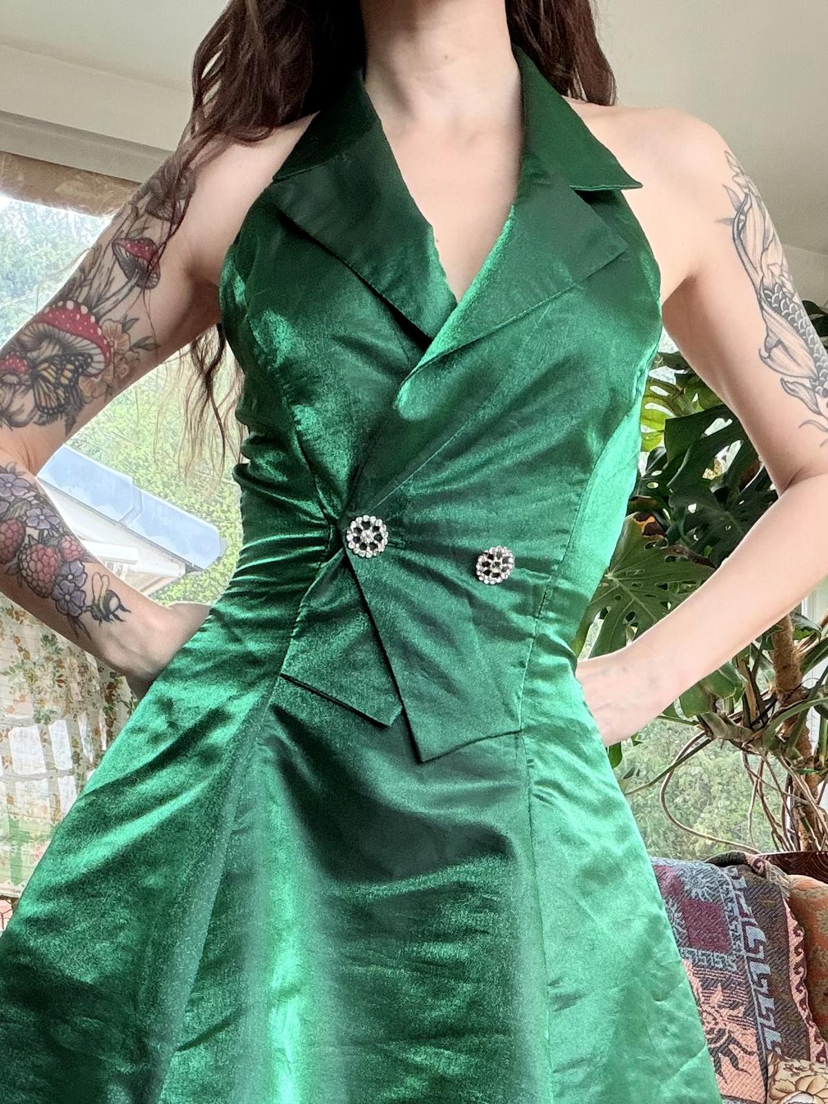 Vintage 1990s Party Dress By Yessica Size 10 Green Halter Neck Collar Dress