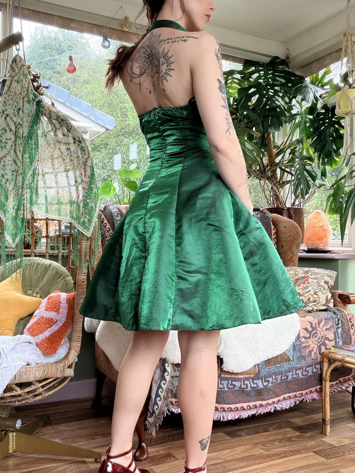 Vintage 1990s Party Dress By Yessica Size 10 Green Halter Neck Collar Dress