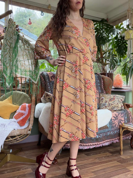 Vintage 1960s Day Dress Size 16 to 18 Tan Floral Wrap Deep V Neck Plunge Dress