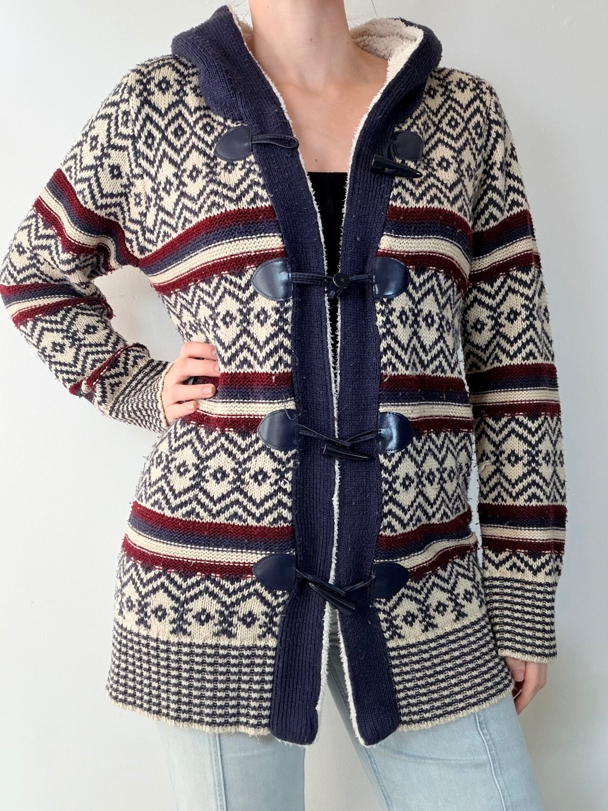 Hooded Toggle Cardigan Sweater with Nordic Pattern Size 12 14
