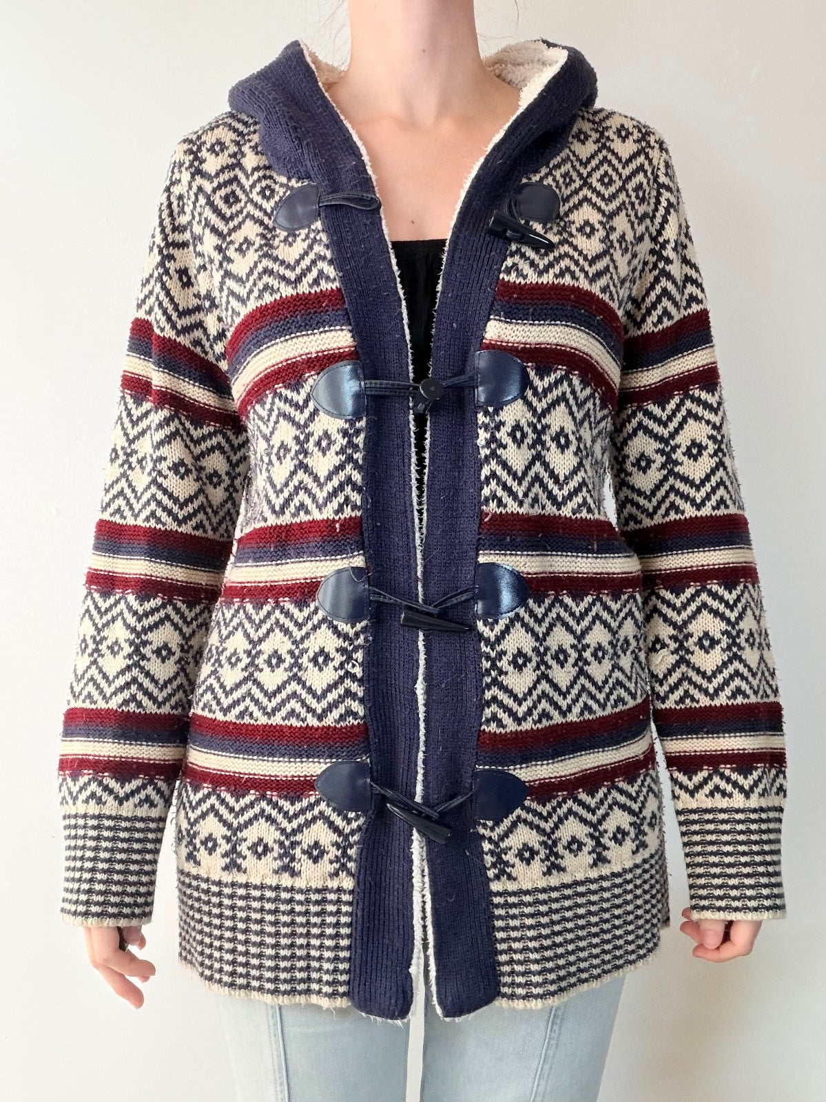 Hooded Toggle Cardigan Sweater with Nordic Pattern Size 12 14