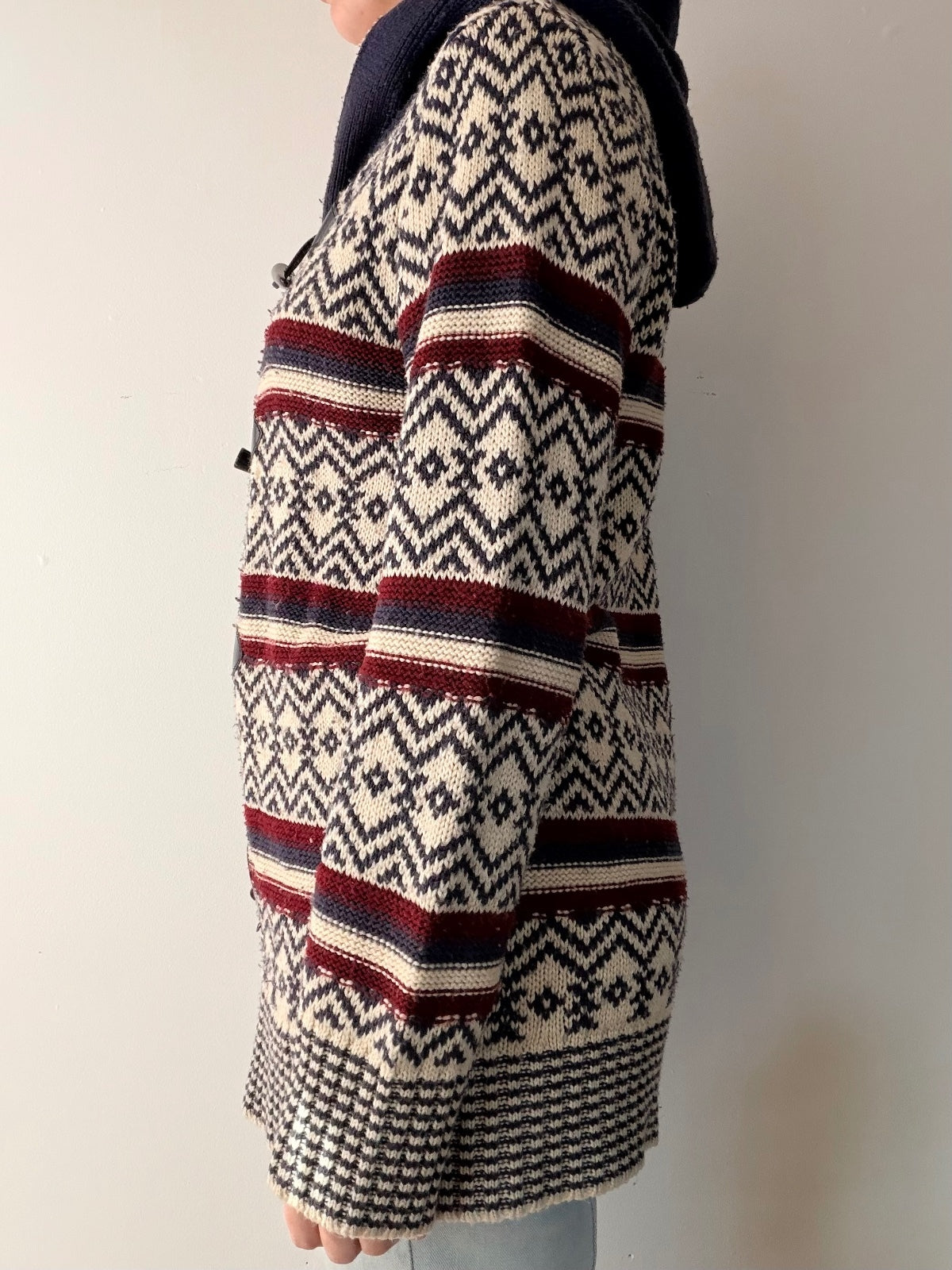Hooded Toggle Cardigan Sweater with Nordic Pattern Size 12 14