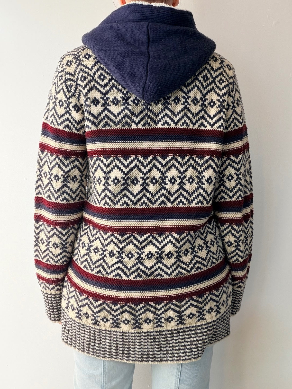 Hooded Toggle Cardigan Sweater with Nordic Pattern Size 12 14